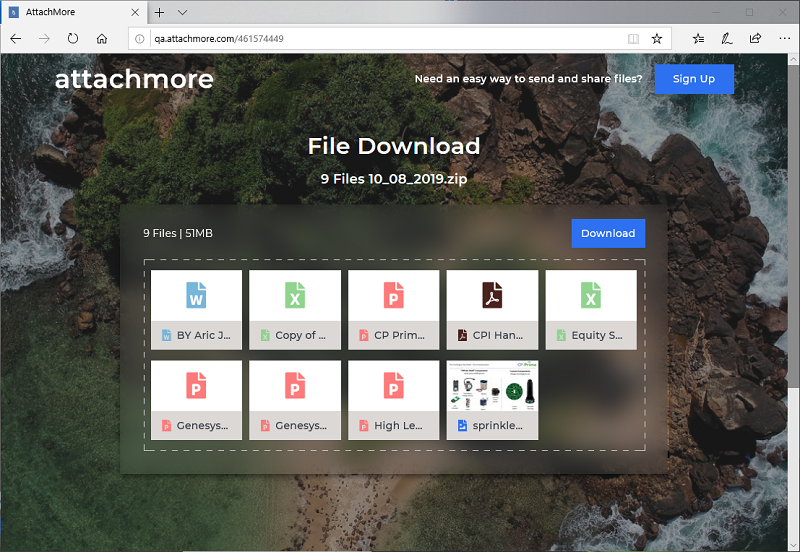 Recipient download page in Attachmore